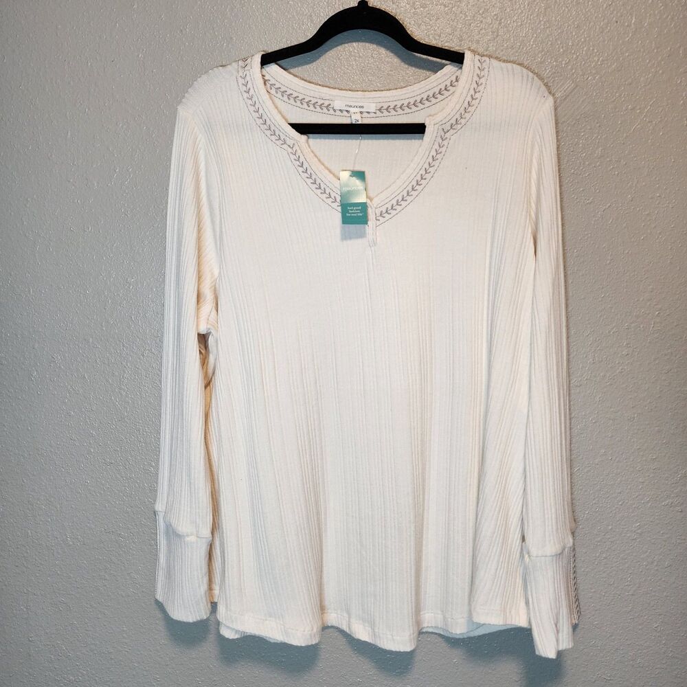 Maurices NWT Cream Embroidered Neck Ribbed Long Sleeve Top Womens 2X Boho Cozy